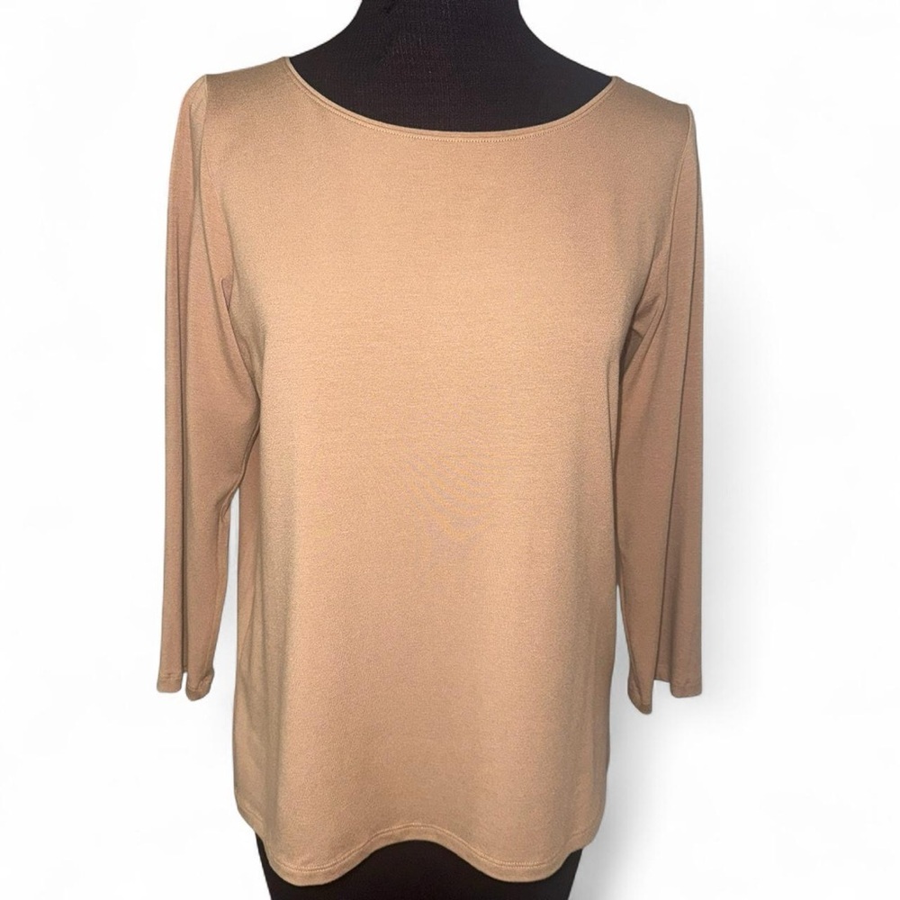 EILEEN FISHER Rayon Lycra Blend Ballet Neck Top Camel 3/4 Sleeve Shirt SZ S NWT